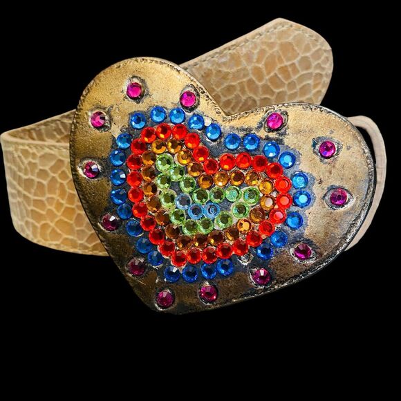 Leatherock Rainbow Heart Leather Belt 70’s Jewels Rhinestone Rare Boho M 32 Love - Picture 1 of 9